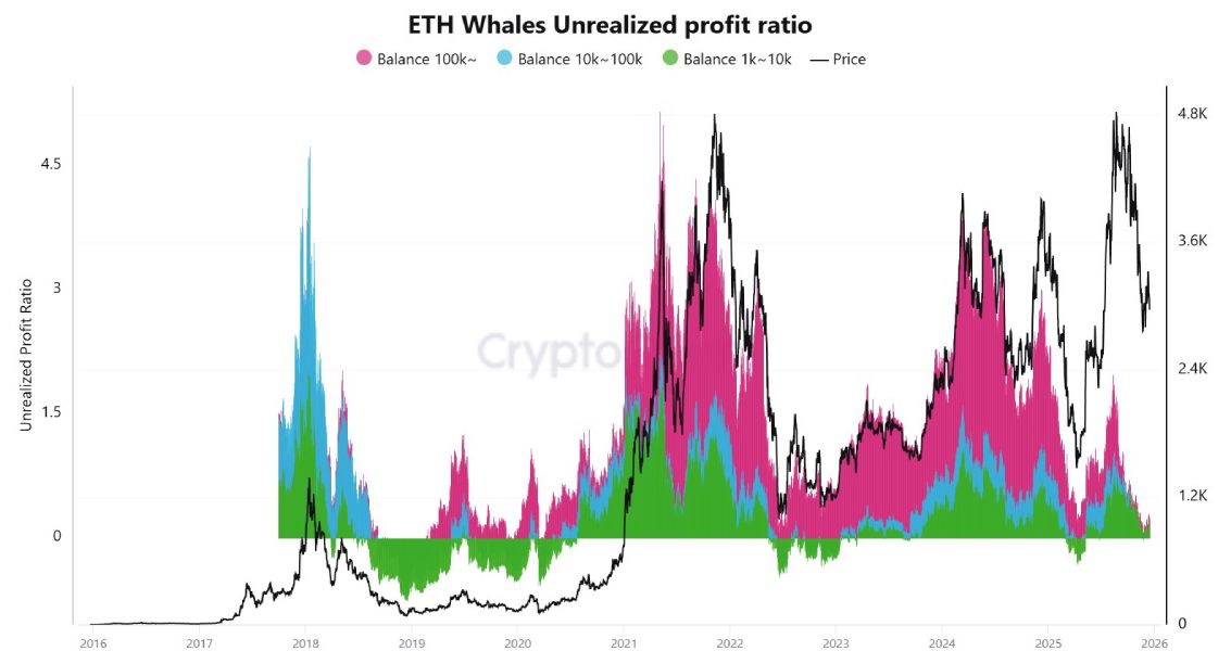 Изменение величины нереализованной прибыли от капиталовложений в ETH людьми, владеющими от 1,000 до 10,000 эфириумов (зелёная область), от 10,000 до 100,000 (синяя) и свыше 100,000 (фиолетовая)